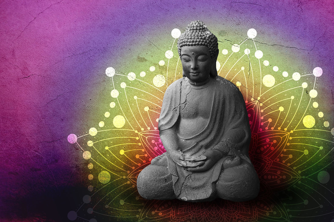 Grey statue of Buddha with colourful background