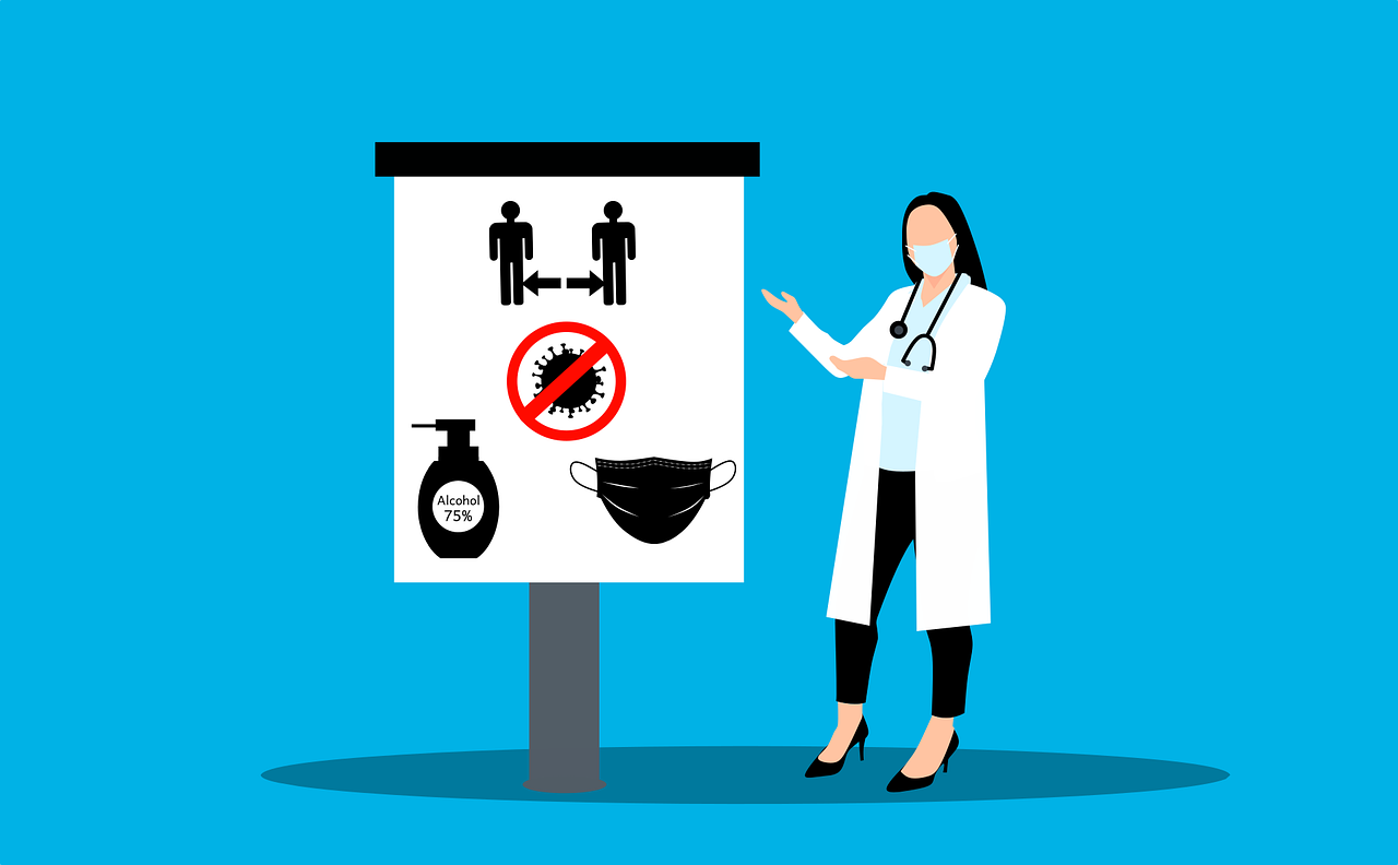 Cartoon rendering of female MD pointing to sign with symbols of COVID rules (physical distancing, hand sanitizer, mask)